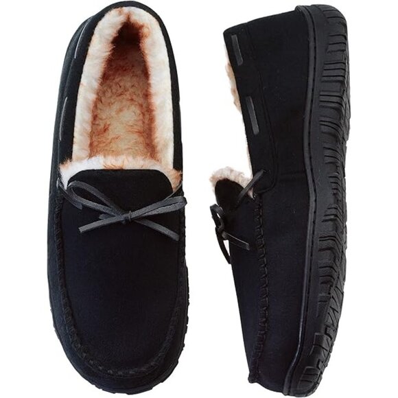 Moccasin Slippers Microsuede Upper Plush Lining Rubber Sole Black Mens Size 10 - Picture 1 of 11